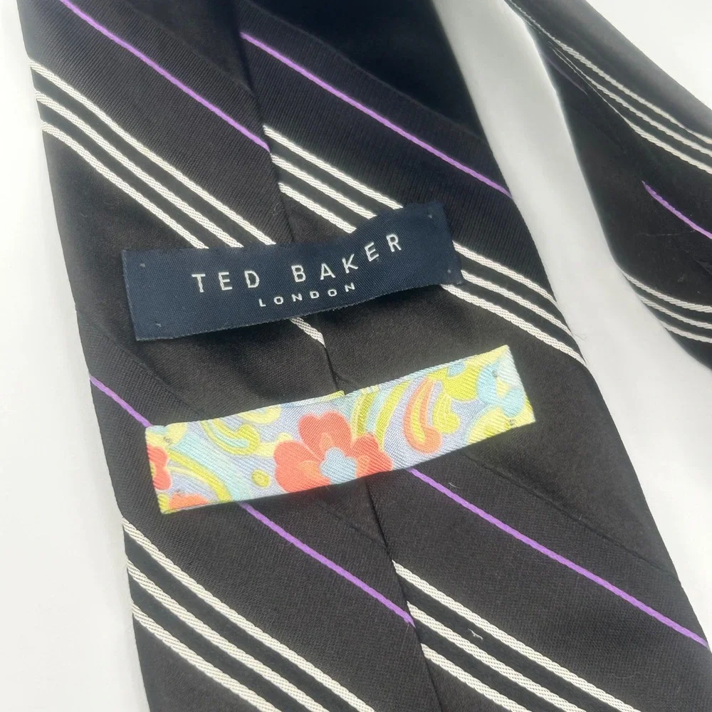 Ted Baker London Mens Silk Tie Black Purple White Diagonal Stripe WPL 2831 USA